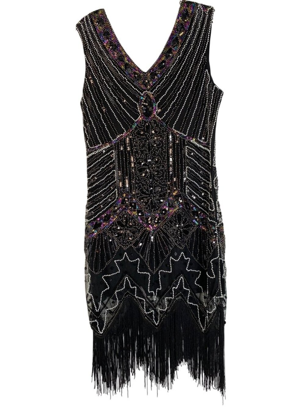 Black Beaded Fringe Flapper Dress Size 8-10 Stretch NWT